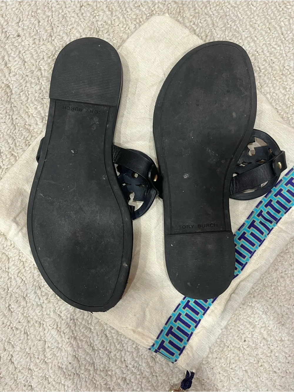 Tory Burch Black Leather Miller Sandals with Gold Logo Medallions